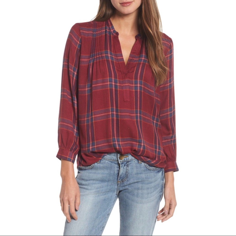 Lucky Brand plaid popover shirt red pintucking